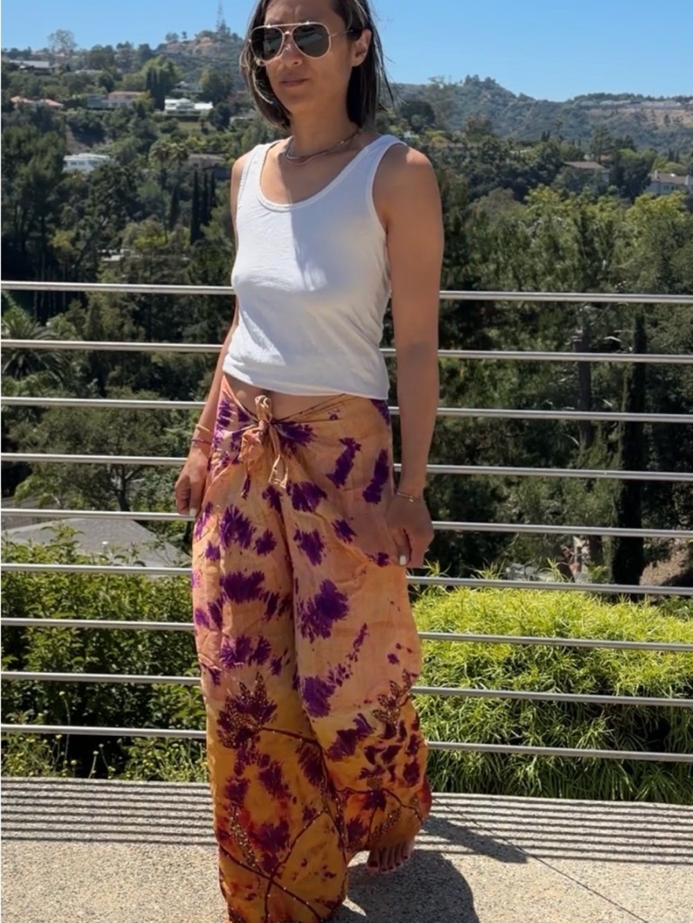 Sun Child Silk Wide Leg Wrap Palazzo Pant in Orange & Purple Festival one size